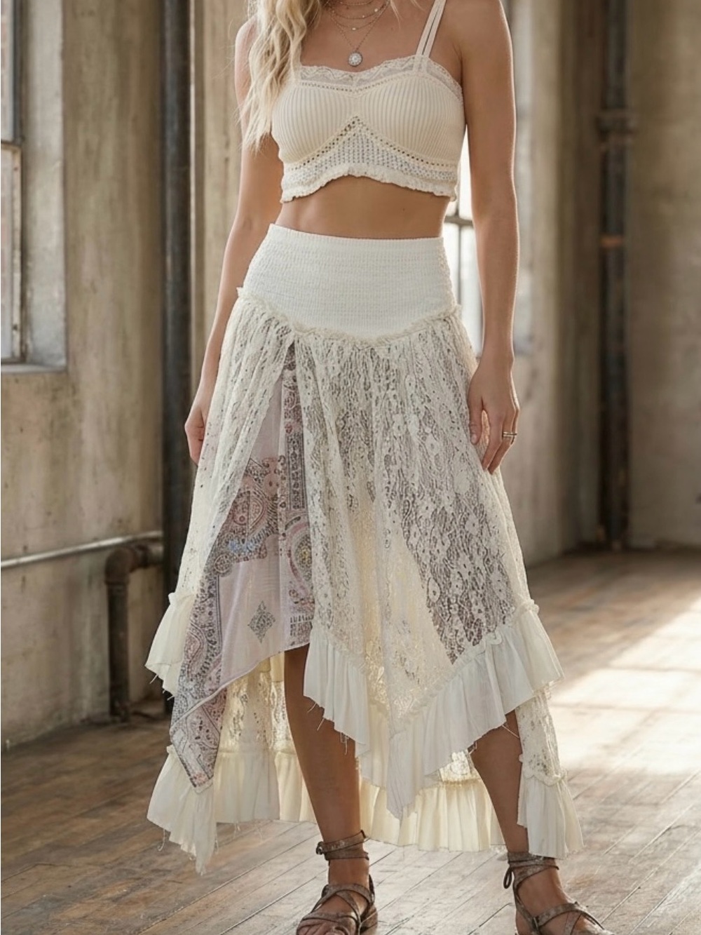 NWT POL Boho Festival Romantic Lace Contrast Print Asymmetrical Maxi Midi Skirt - Picture 9 of 11